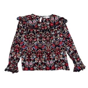 Loft multicolor floral embroidered scallop hem blouse women’s size large